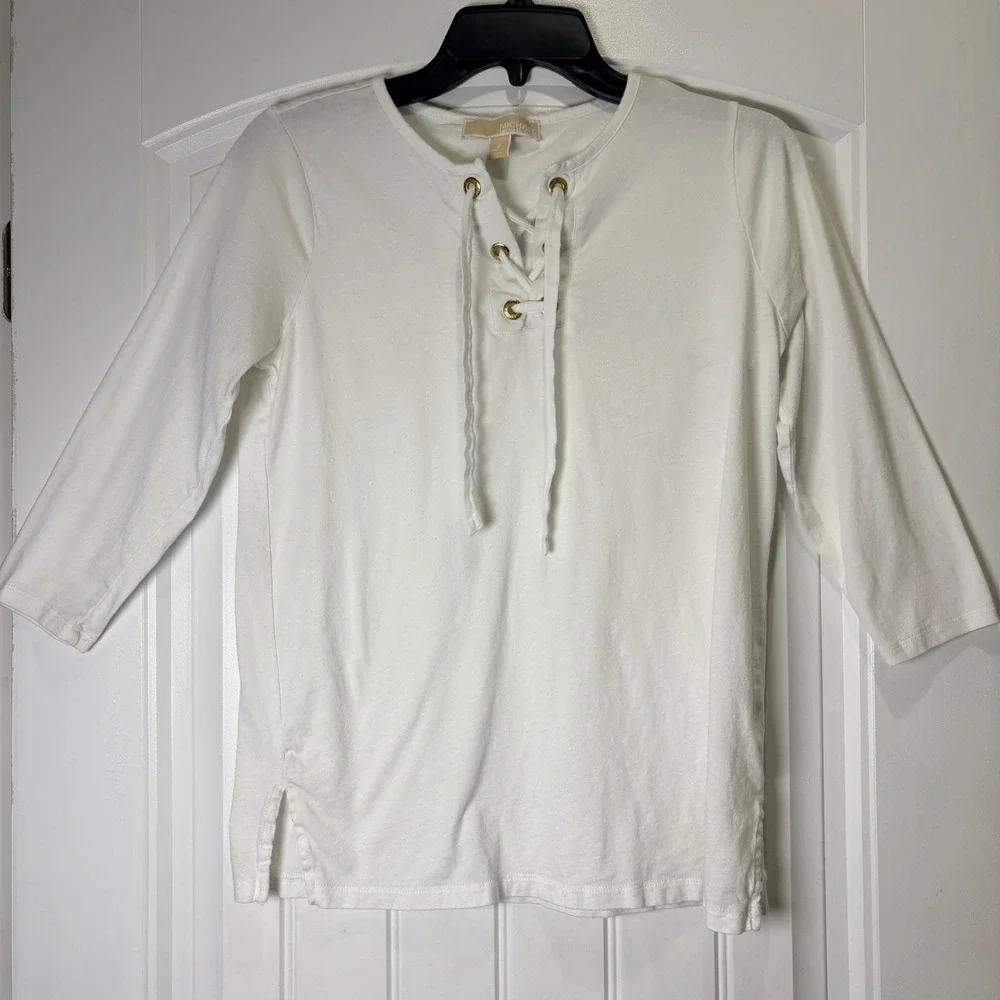 Michael Kors Lace Up Top Womens Small White Grommet 3/4 Sleeve Jersey Shirt